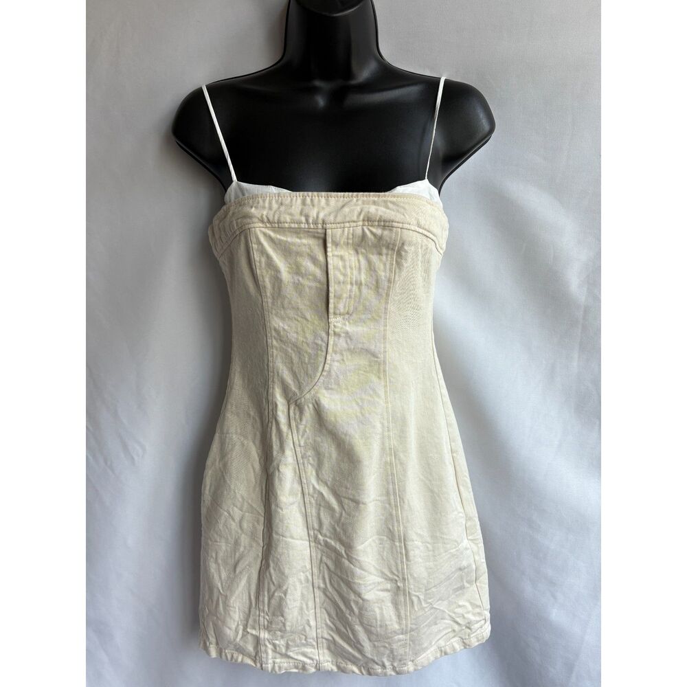 Zara Europe Cream Denim Mini Bodycon Dress Size XS Y2K Jean Cute Date Sexy